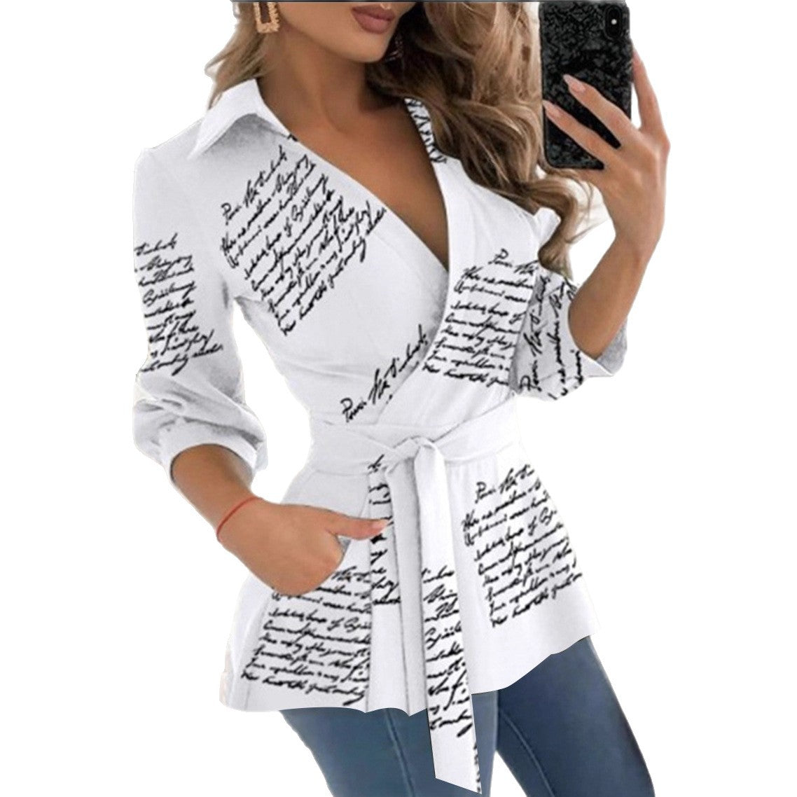 Wrap Peplum Blouse with V-Neck and Self-Tie Belt