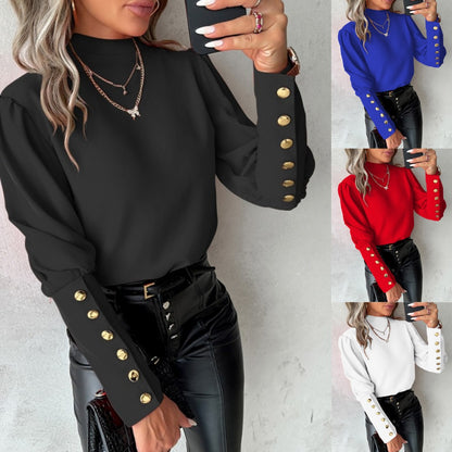 Solid Mock Neck Blouse with Gold Button Cuffs