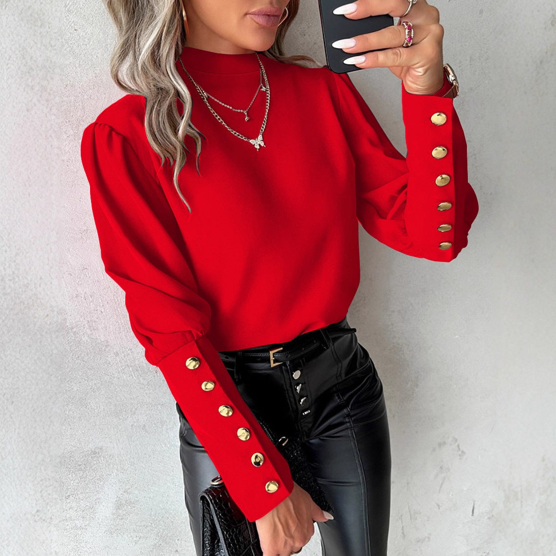 Solid Mock Neck Blouse with Gold Button Cuffs