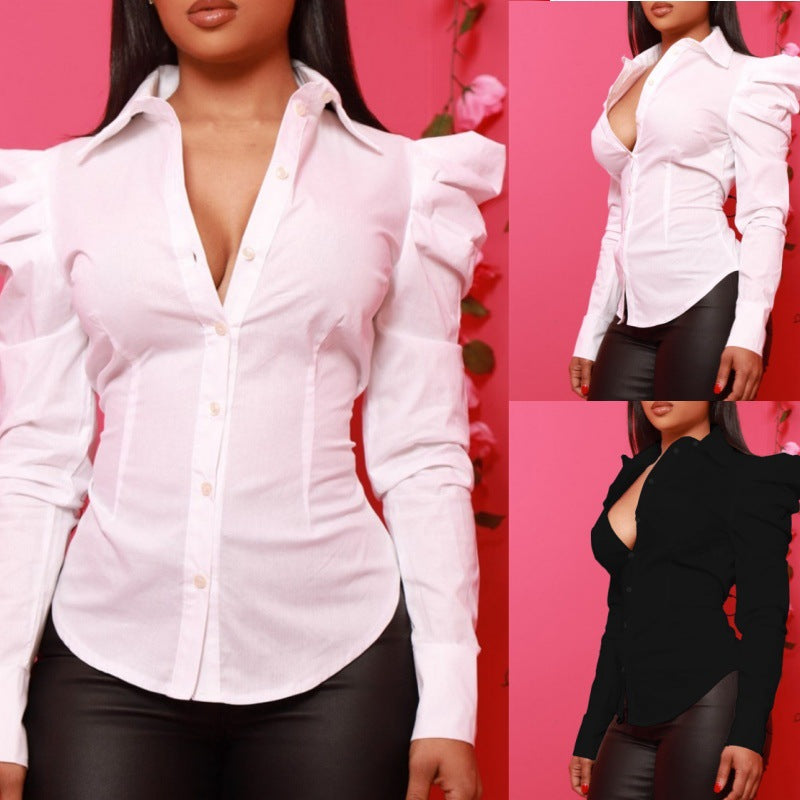 Solid Slim Fit Button-Down Shirt with Puff Sleeves