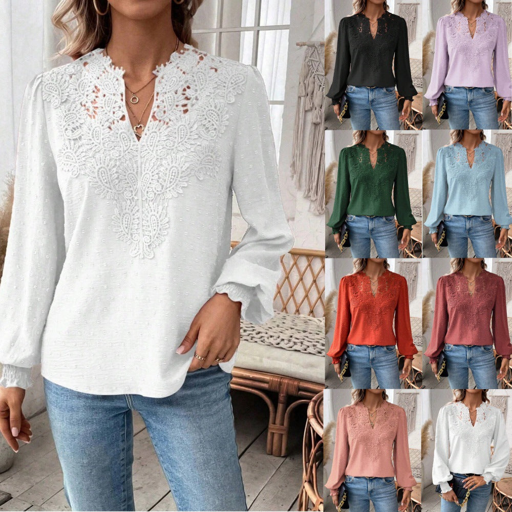 Swiss Dot Blouse with Lace V-Neck and Long Sleeves