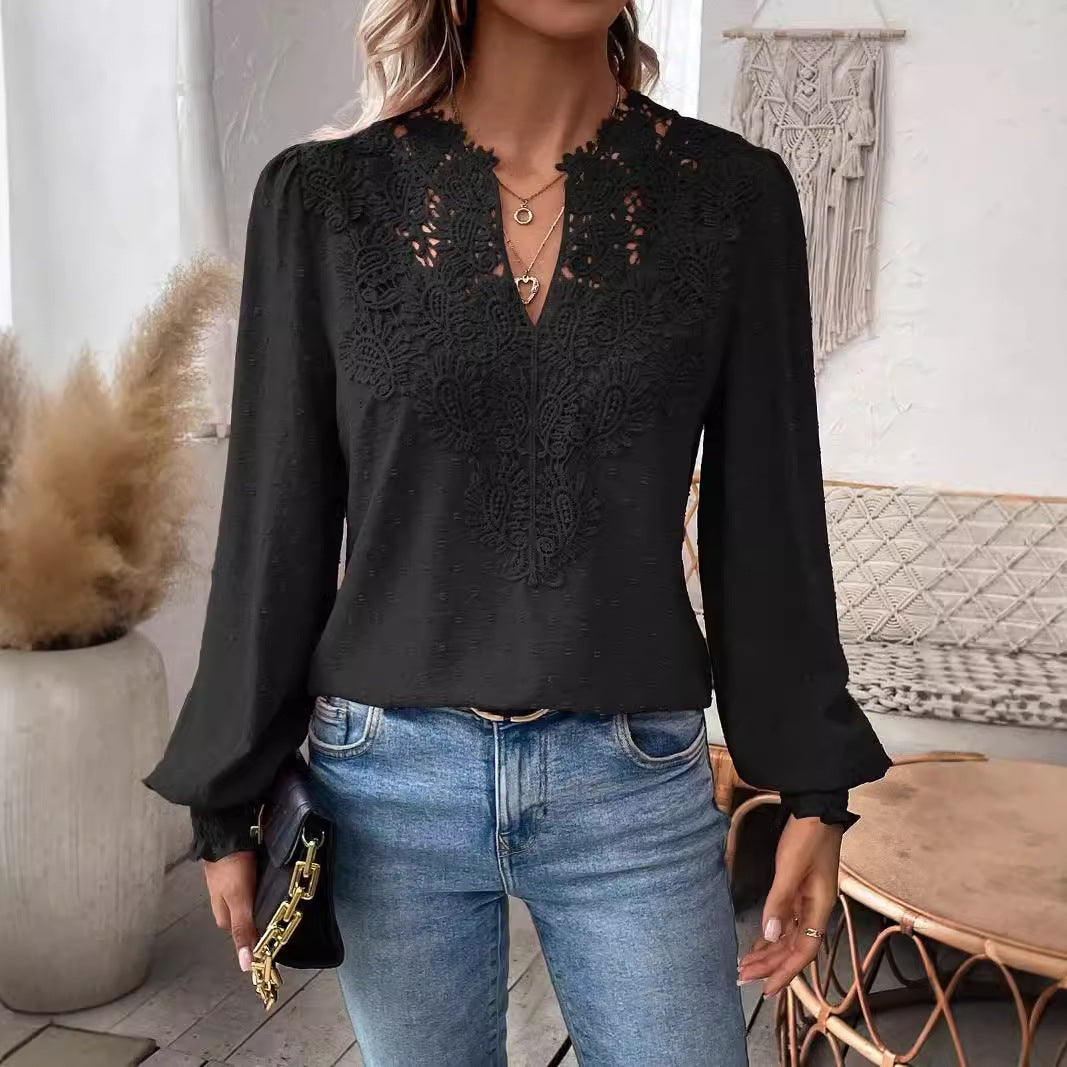Swiss Dot Blouse with Lace V-Neck and Long Sleeves