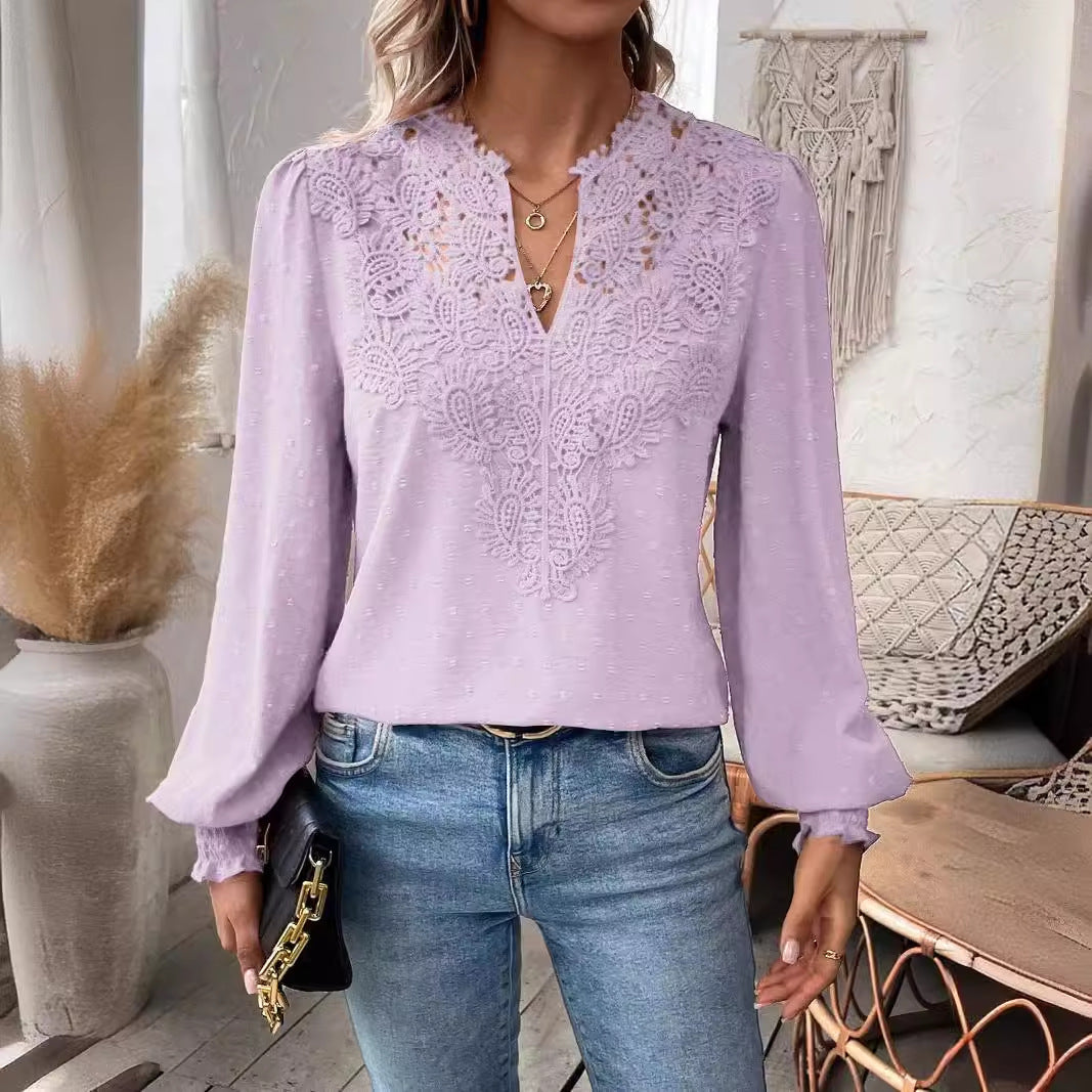 Swiss Dot Blouse with Lace V-Neck and Long Sleeves