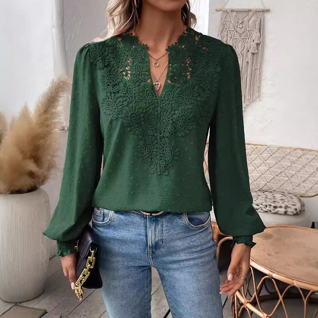 Swiss Dot Blouse with Lace V-Neck and Long Sleeves