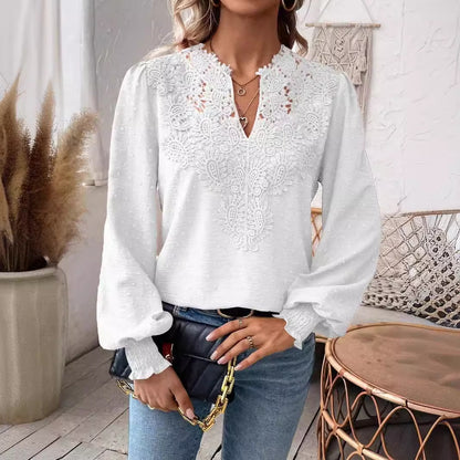 Swiss Dot Blouse with Lace V-Neck and Long Sleeves