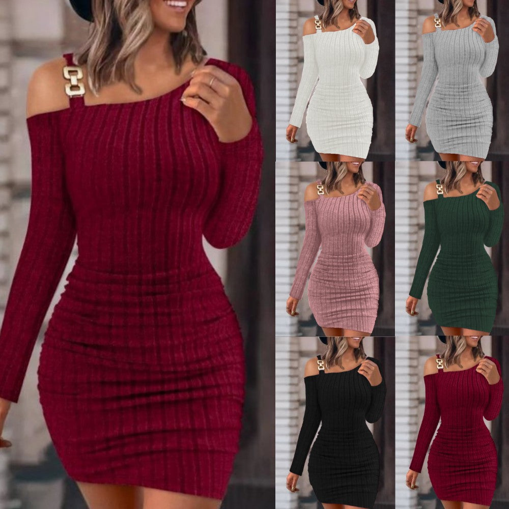Ribbed Knit Bodycon Mini Dress with One-Shoulder & Buckle