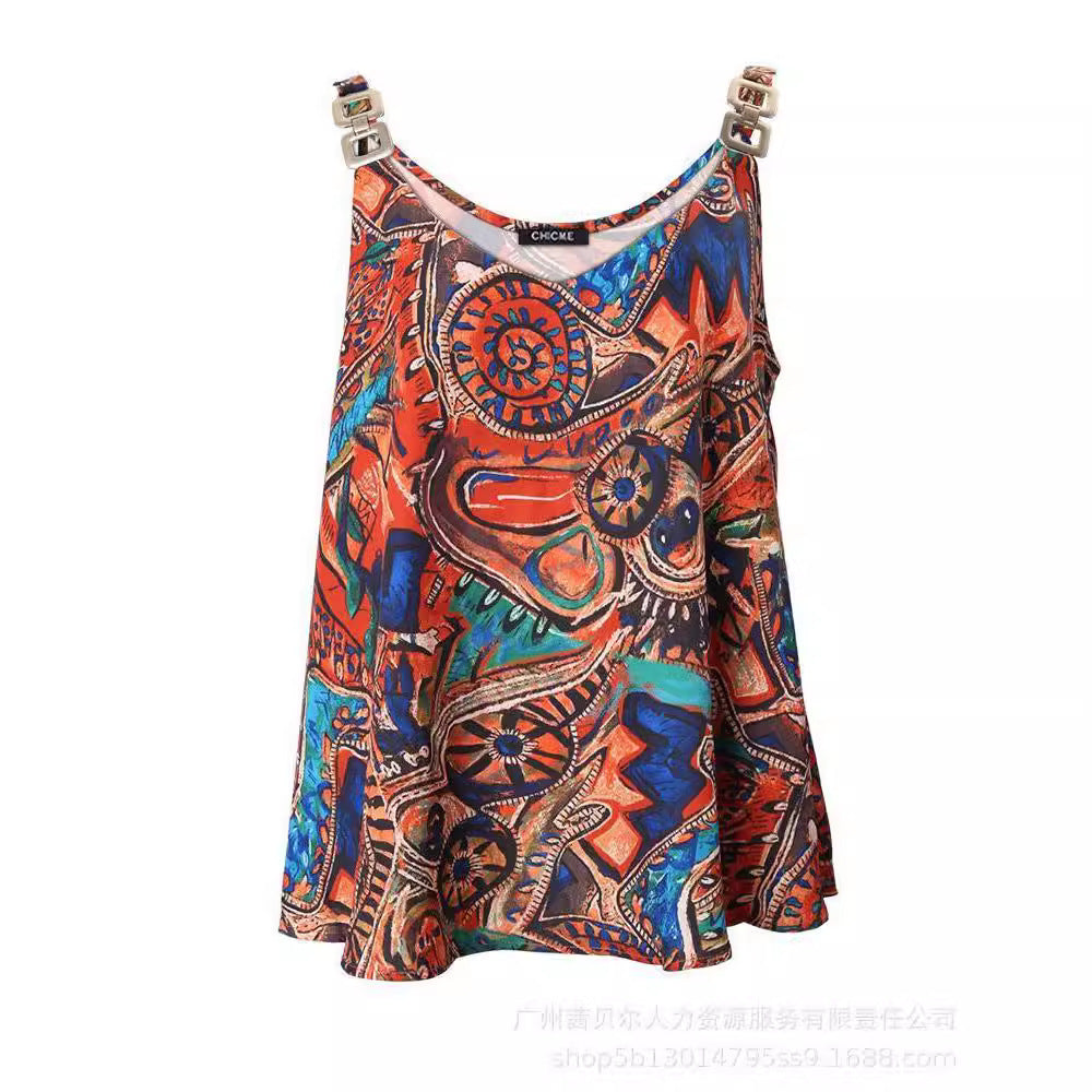 Printed V-Neck Camisole with Chain Detail Straps