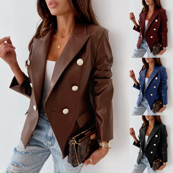 Faux Leather Double-Breasted Blazer with Notched Lapel