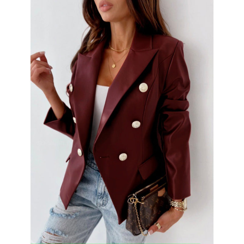 Faux Leather Double-Breasted Blazer with Notched Lapel