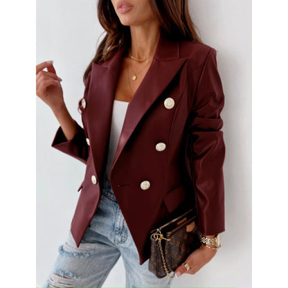 Faux Leather Double-Breasted Blazer with Notched Lapel