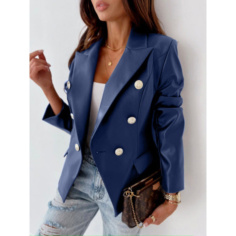 Faux Leather Double-Breasted Blazer with Notched Lapel