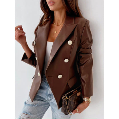 Faux Leather Double-Breasted Blazer with Notched Lapel