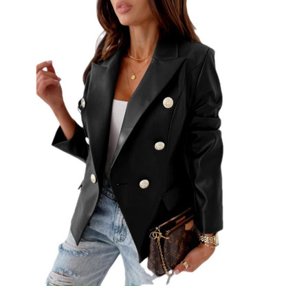 Faux Leather Double-Breasted Blazer with Notched Lapel