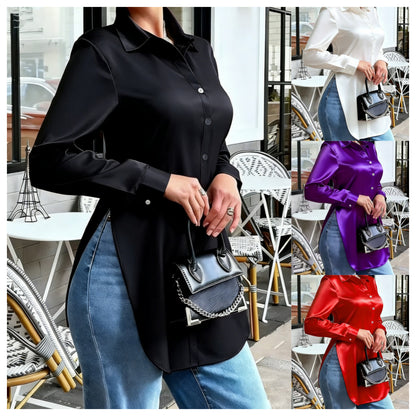 Slim Fit Satin-Look Button-Down Blouse with Split Hem