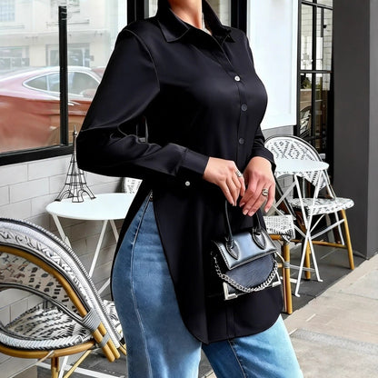 Slim Fit Satin-Look Button-Down Blouse with Split Hem