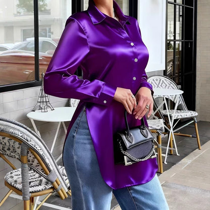 Slim Fit Satin-Look Button-Down Blouse with Split Hem