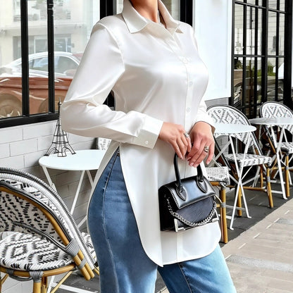 Slim Fit Satin-Look Button-Down Blouse with Split Hem