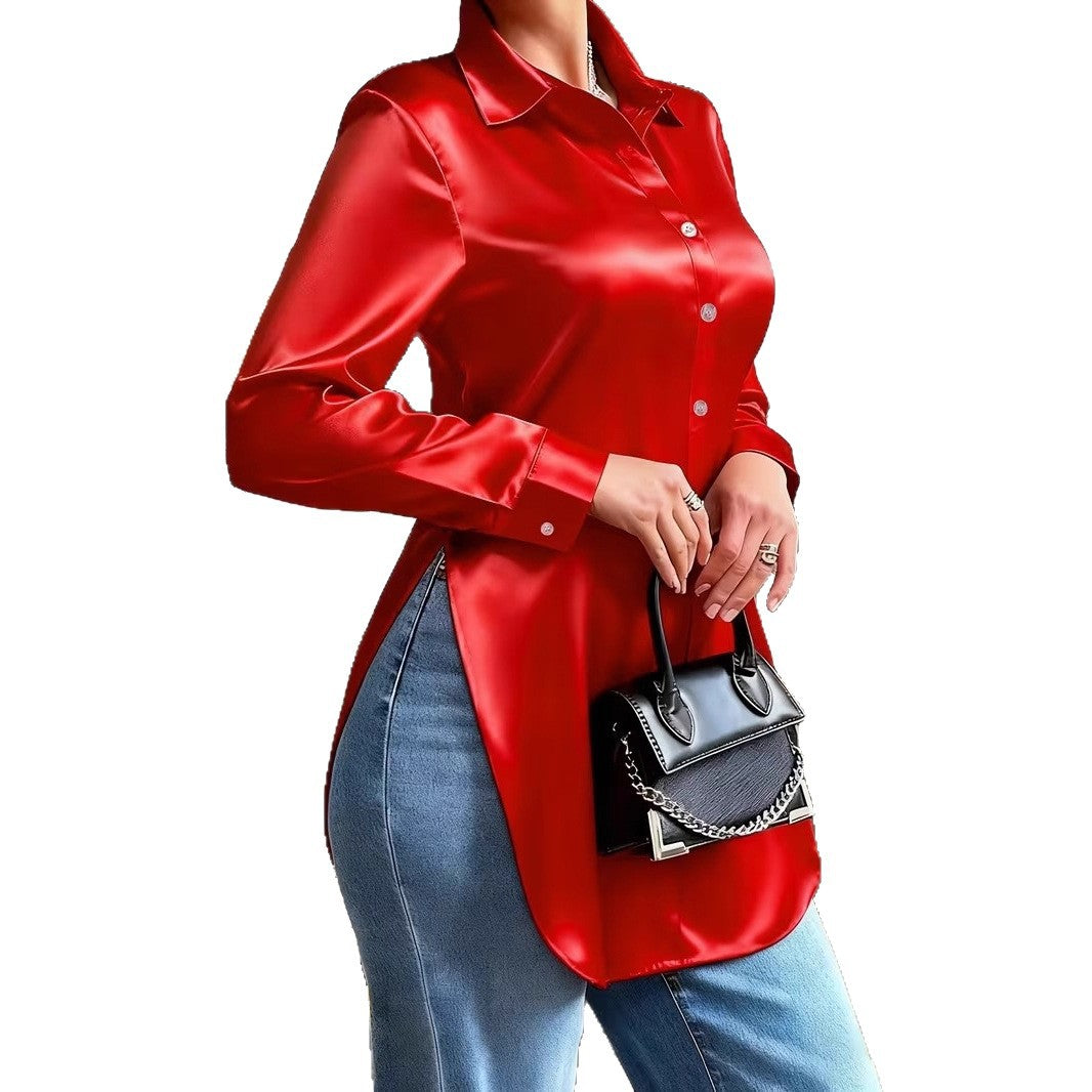 Slim Fit Satin-Look Button-Down Blouse with Split Hem