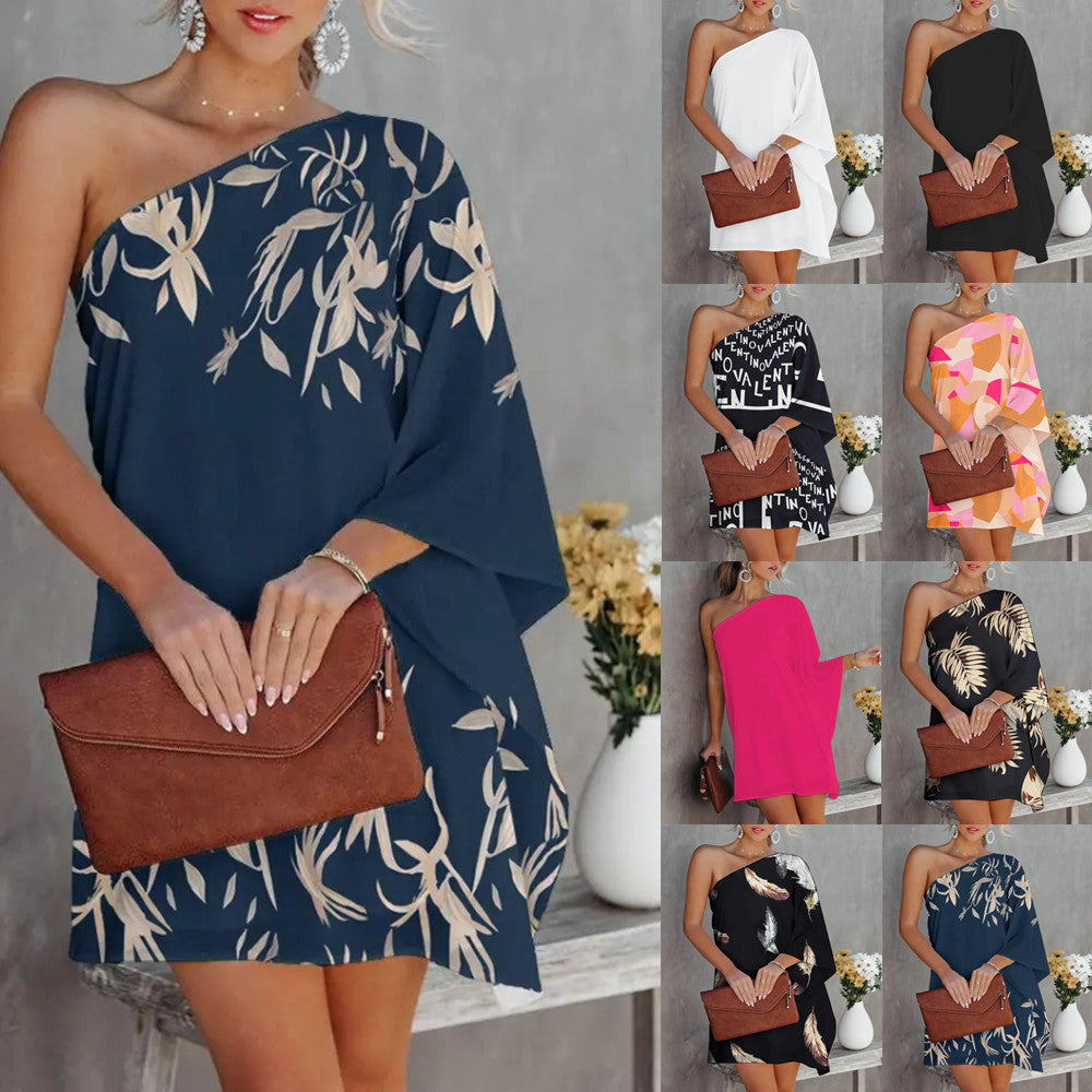 Printed One-Shoulder Mini Dress with Bat Sleeves