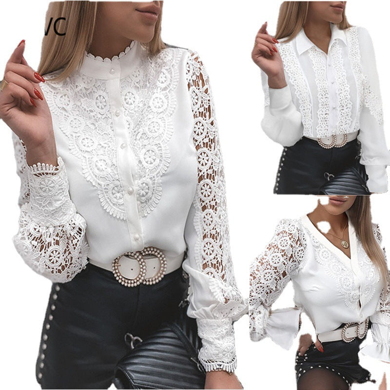 Solid Lace Button-Up Blouse with Stand Collar