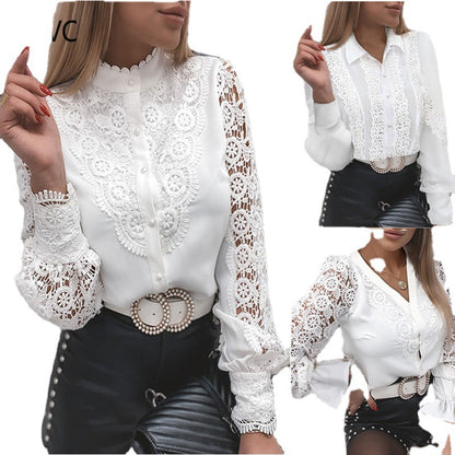 Solid Lace Button-Up Blouse with Stand Collar