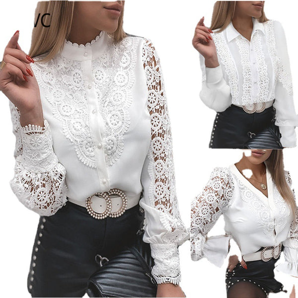 Solid Lace Button-Up Blouse with Stand Collar