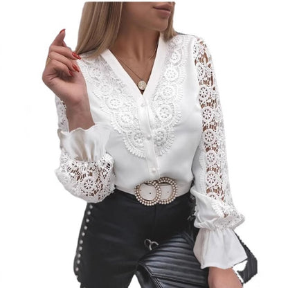 Solid Lace Button-Up Blouse with Stand Collar