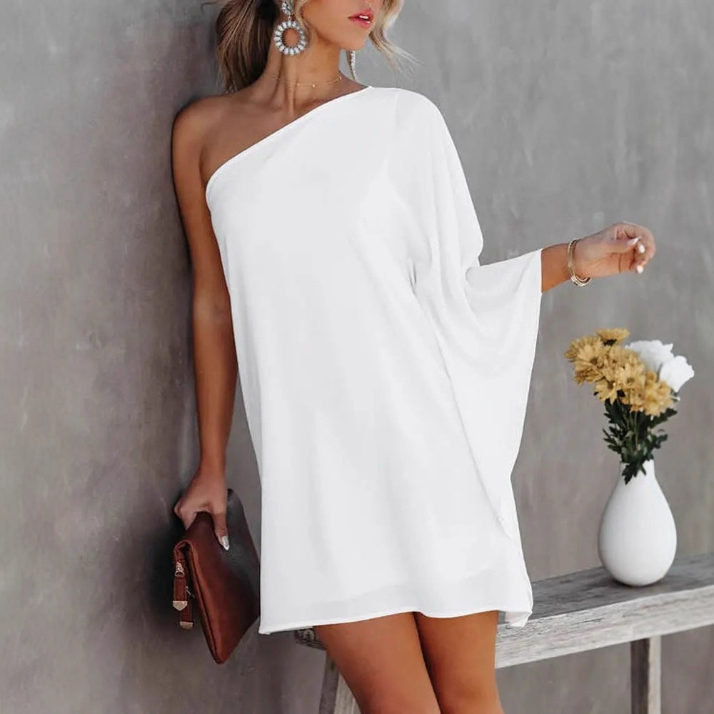 Printed One-Shoulder Mini Dress with Bat Sleeves