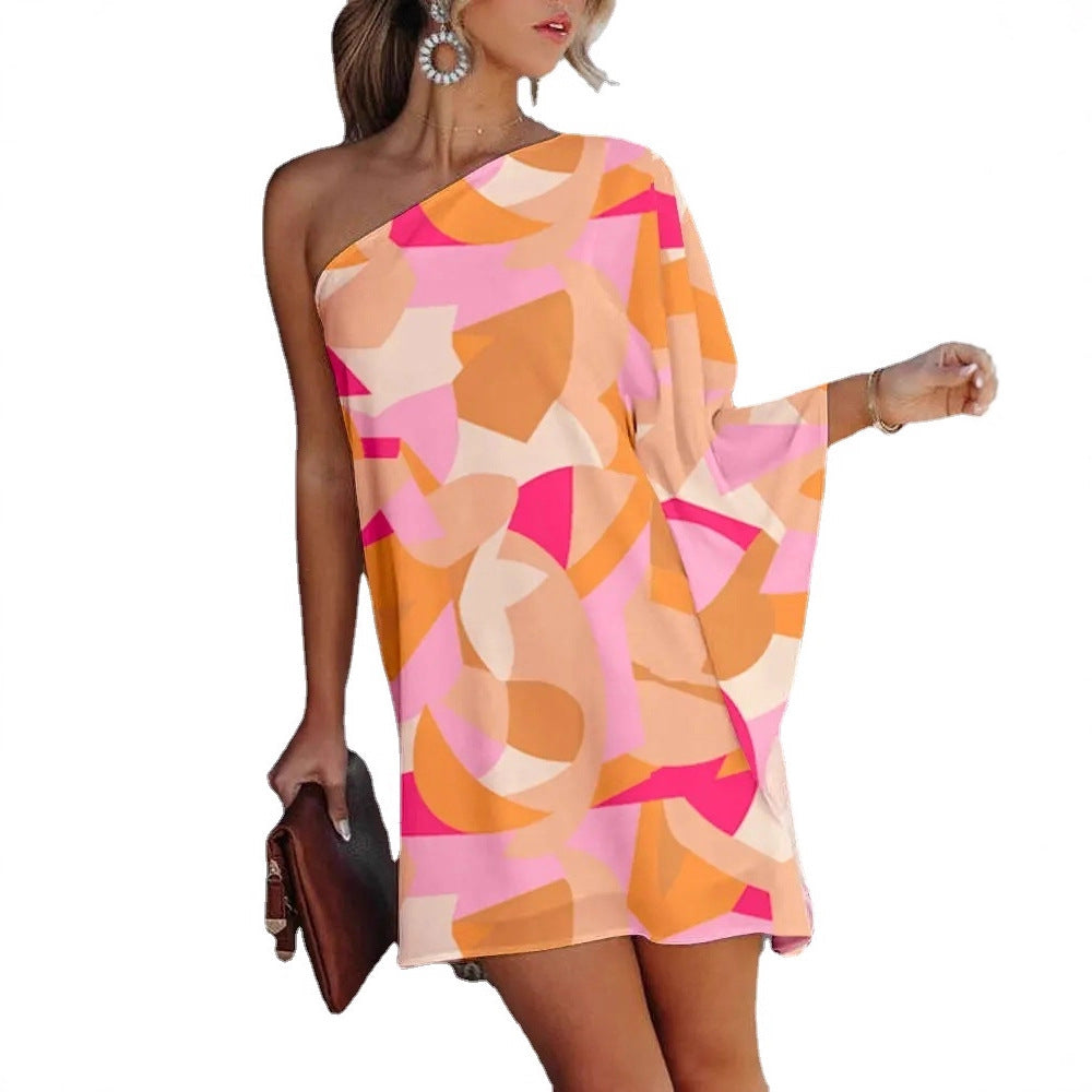 Printed One-Shoulder Mini Dress with Bat Sleeves