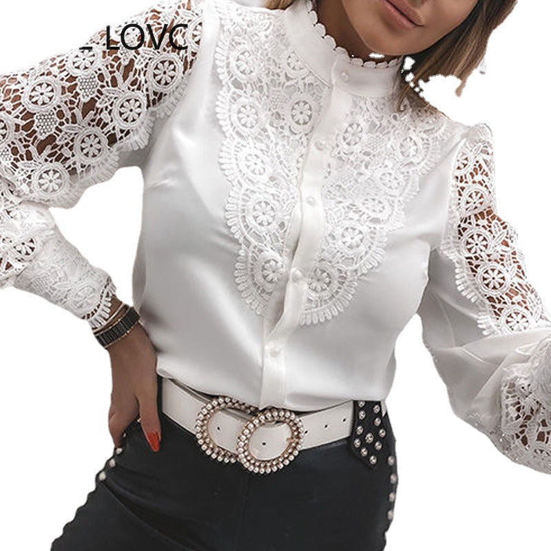 Solid Lace Button-Up Blouse with Stand Collar