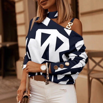 Geometric Print One-Shoulder Top with Halter Neck and Chain Detail