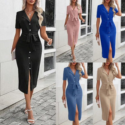 Fitted Midi Dress with Button Front and Self-Tie Waist