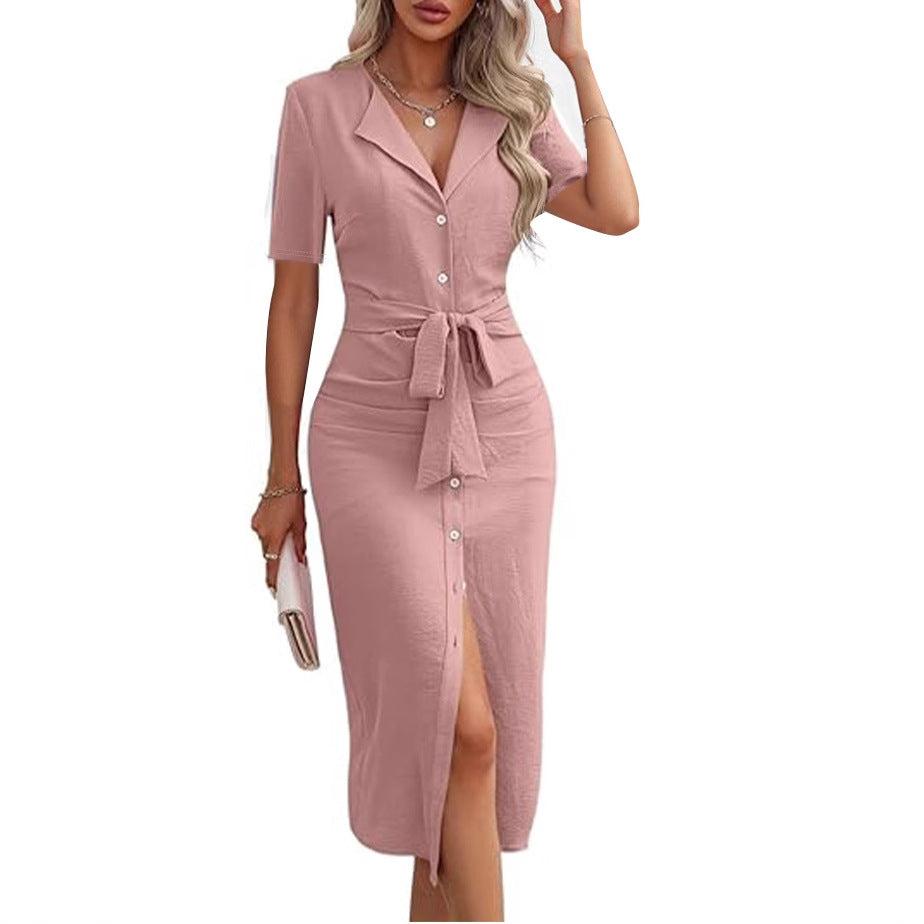 Fitted Midi Dress with Button Front and Self-Tie Waist