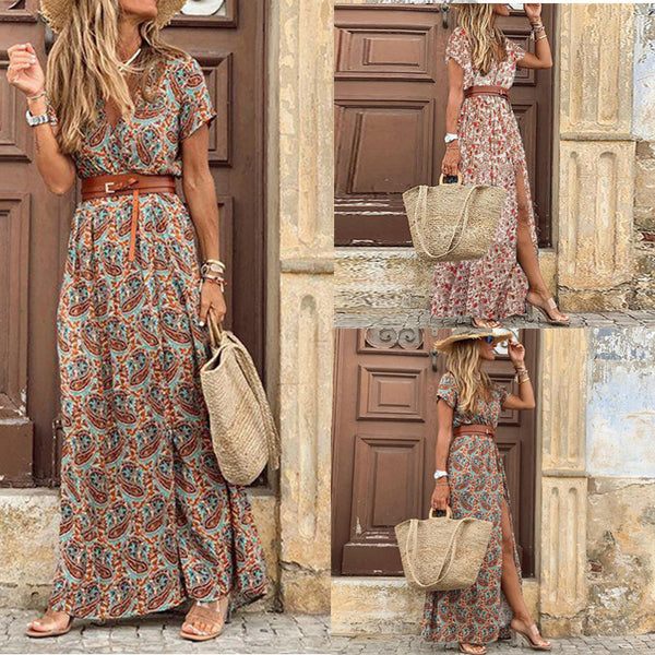 Bohemian Print Maxi Dress with V-Neck and Side Slit