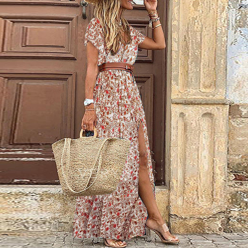 Bohemian Print Maxi Dress with V-Neck and Side Slit