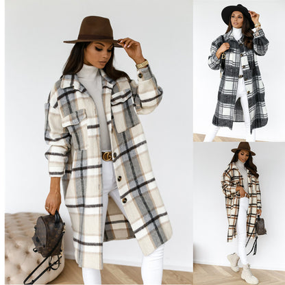 Oversized Plaid Longline Shacket with Lapel Collar
