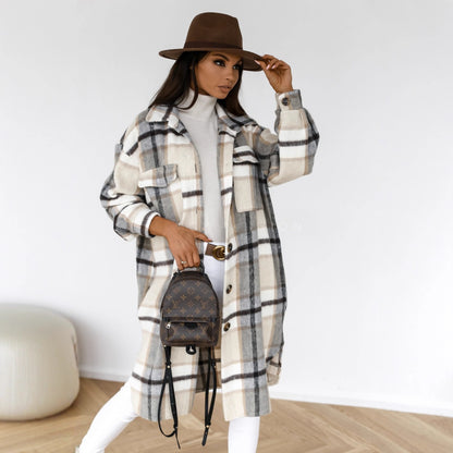 Oversized Plaid Longline Shacket with Lapel Collar