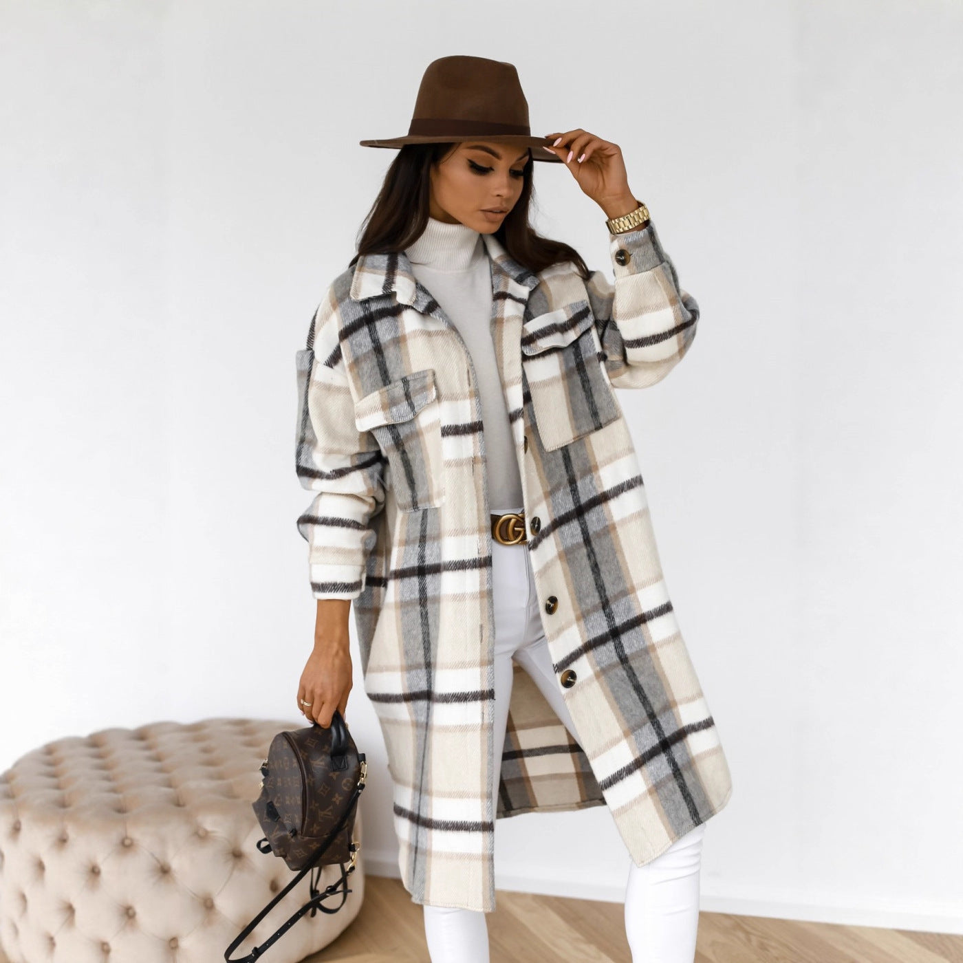 Oversized Plaid Longline Shacket with Lapel Collar