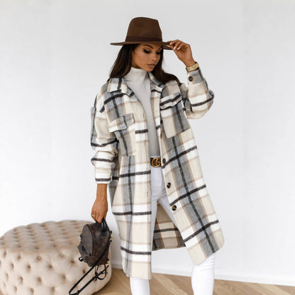 Oversized Plaid Longline Shacket with Lapel Collar