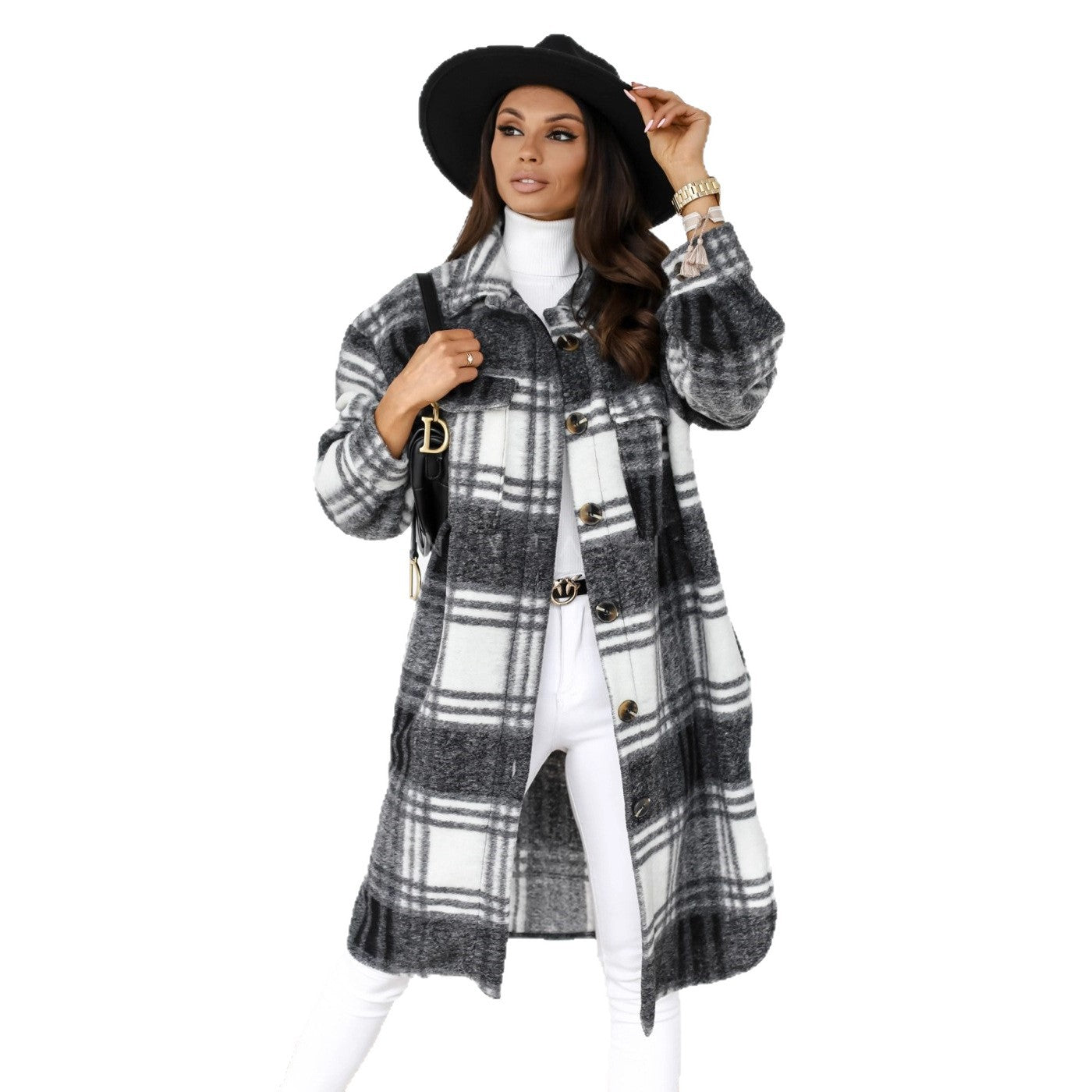 Oversized Plaid Longline Shacket with Lapel Collar