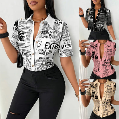 Newspaper Print Short Sleeve Shirt with V-Neck