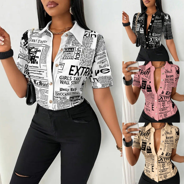 Newspaper Print Short Sleeve Shirt with V-Neck