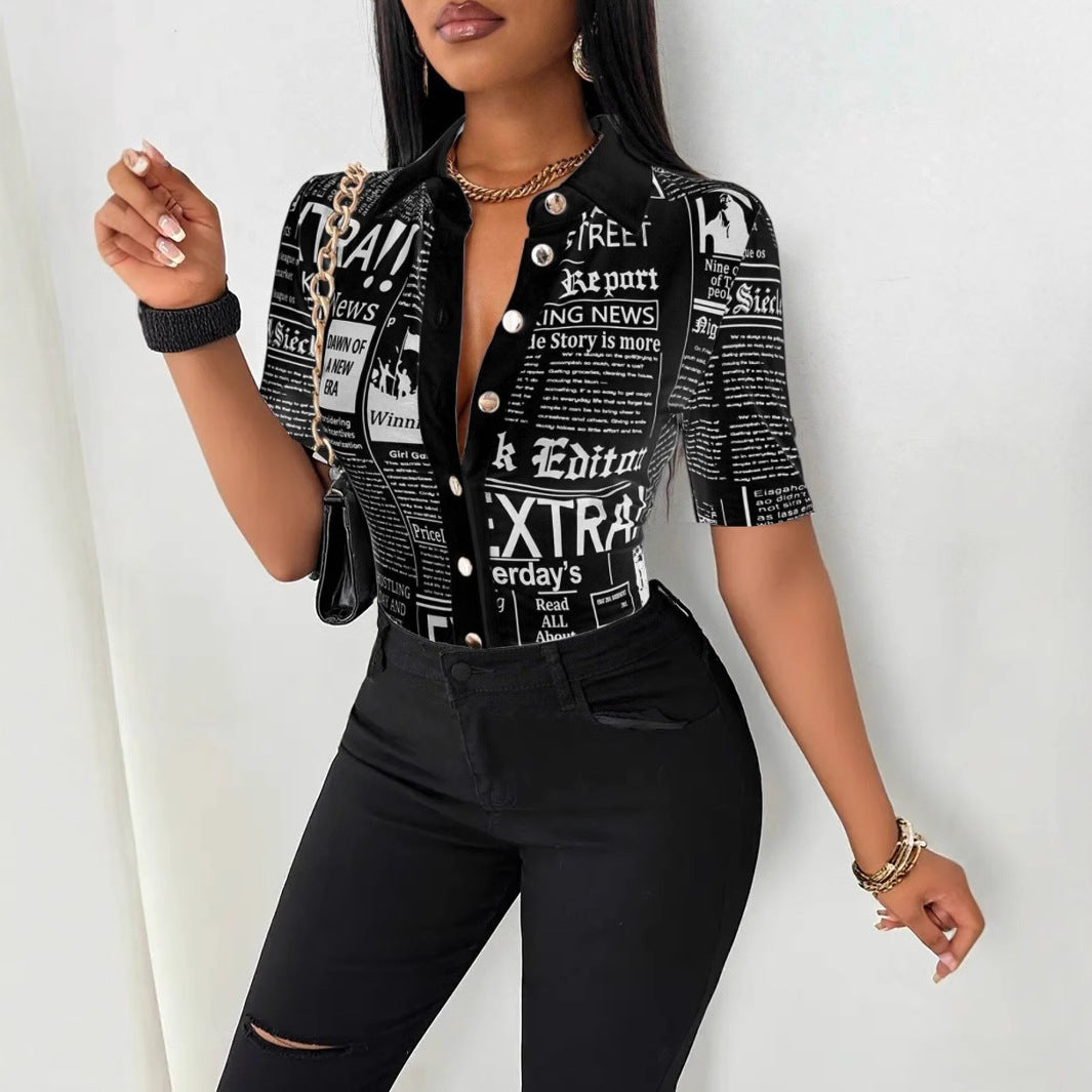 Newspaper Print Short Sleeve Shirt with V-Neck