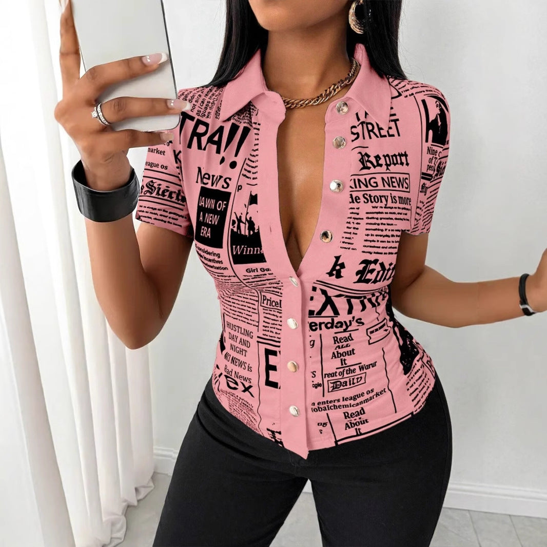 Newspaper Print Short Sleeve Shirt with V-Neck