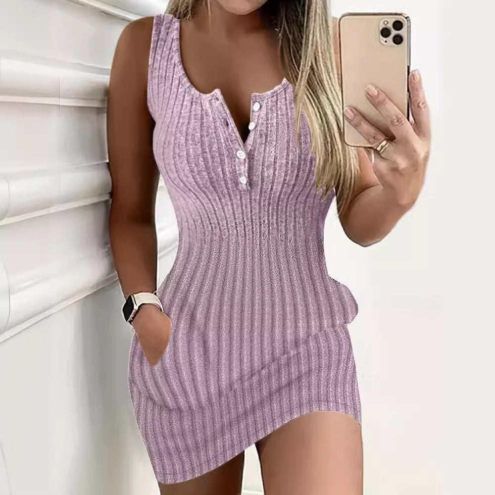 Bodycon Ribbed Knit Dress with Henley Neckline