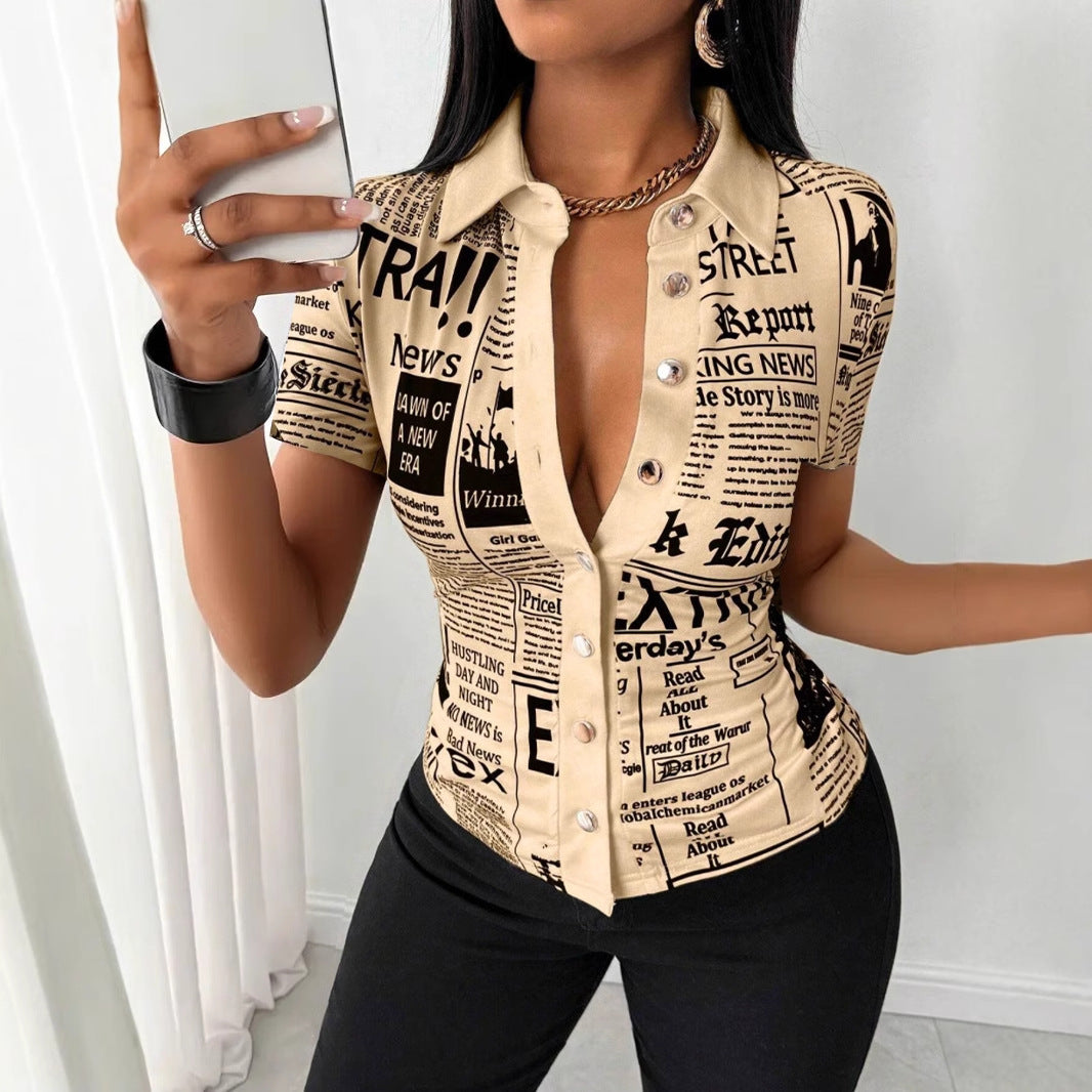 Newspaper Print Short Sleeve Shirt with V-Neck