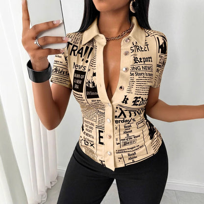 Newspaper Print Short Sleeve Shirt with V-Neck