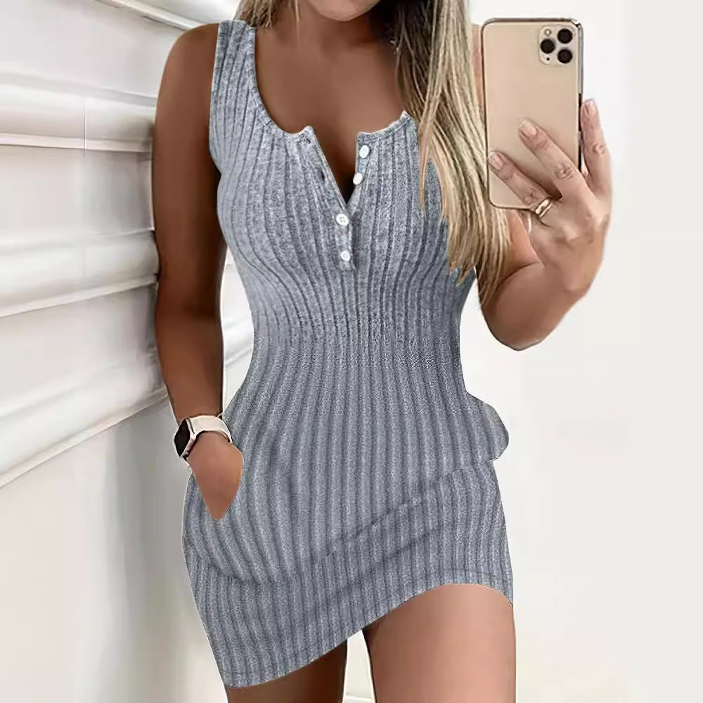 Bodycon Ribbed Knit Dress with Henley Neckline