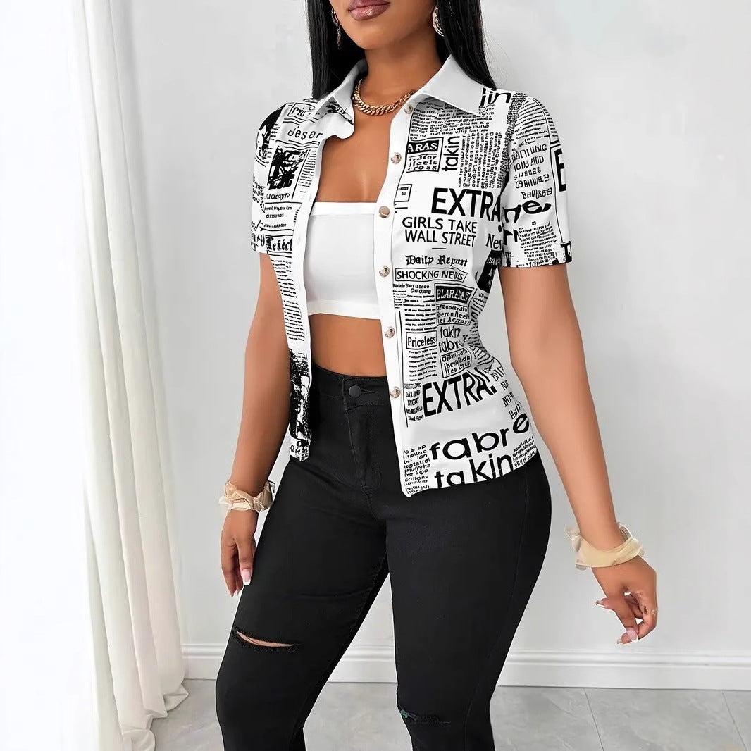 Newspaper Print Short Sleeve Shirt with V-Neck