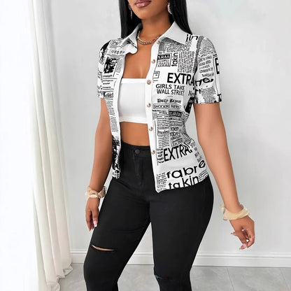 Newspaper Print Short Sleeve Shirt with V-Neck